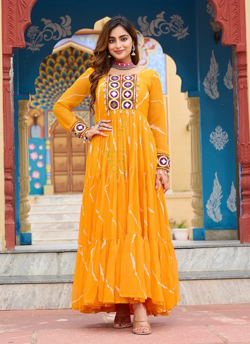 Yellow Faux Georgette Leheriya Print Kutch Work Anarkali Gown After Six Wear