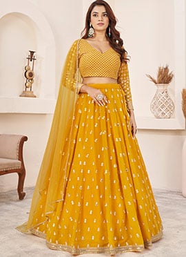 Yellow Faux Georgette Sequins A Line Lehenga