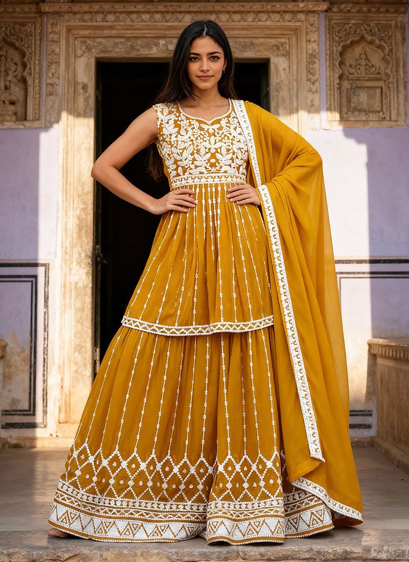 Yellow Faux Georgette Sequins A Line Lehenga Festive Wear