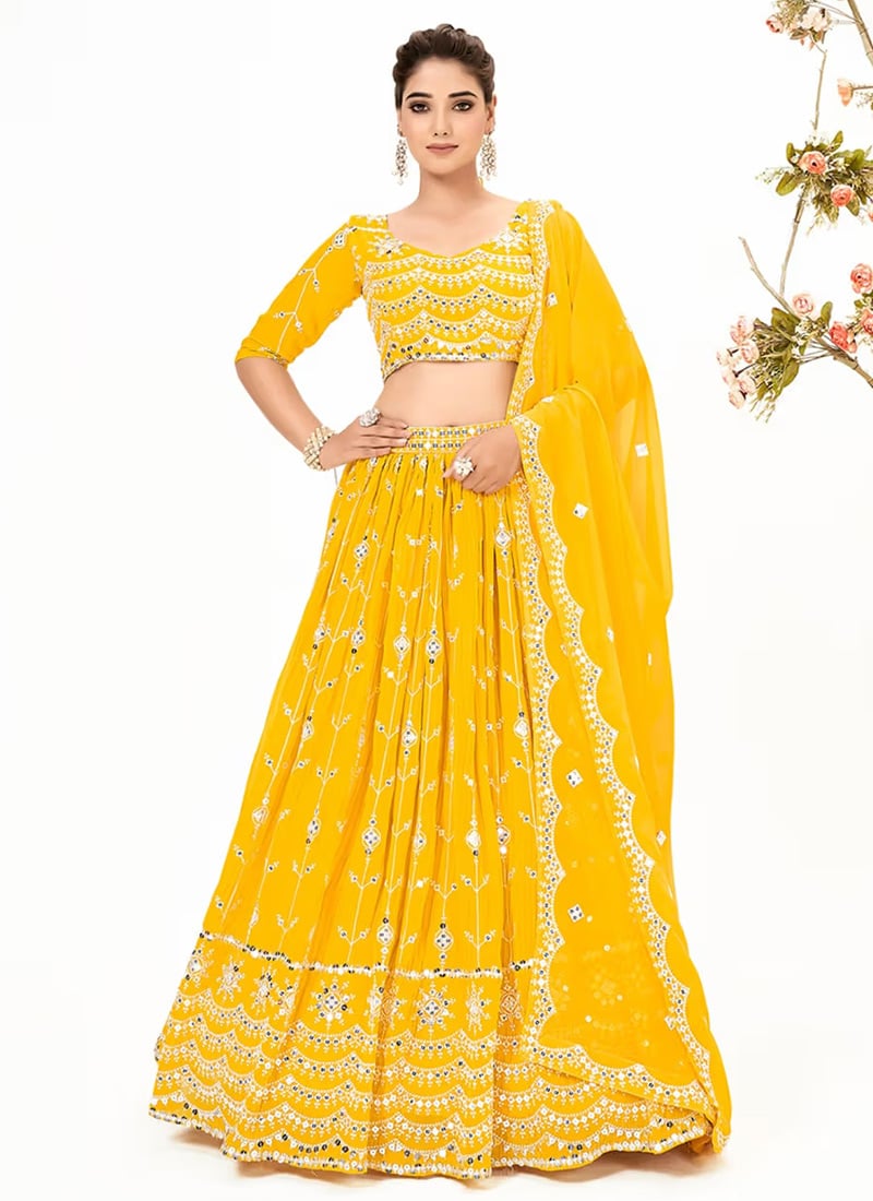 Yellow Faux Georgette Sequins A Line Lehenga Party Wear