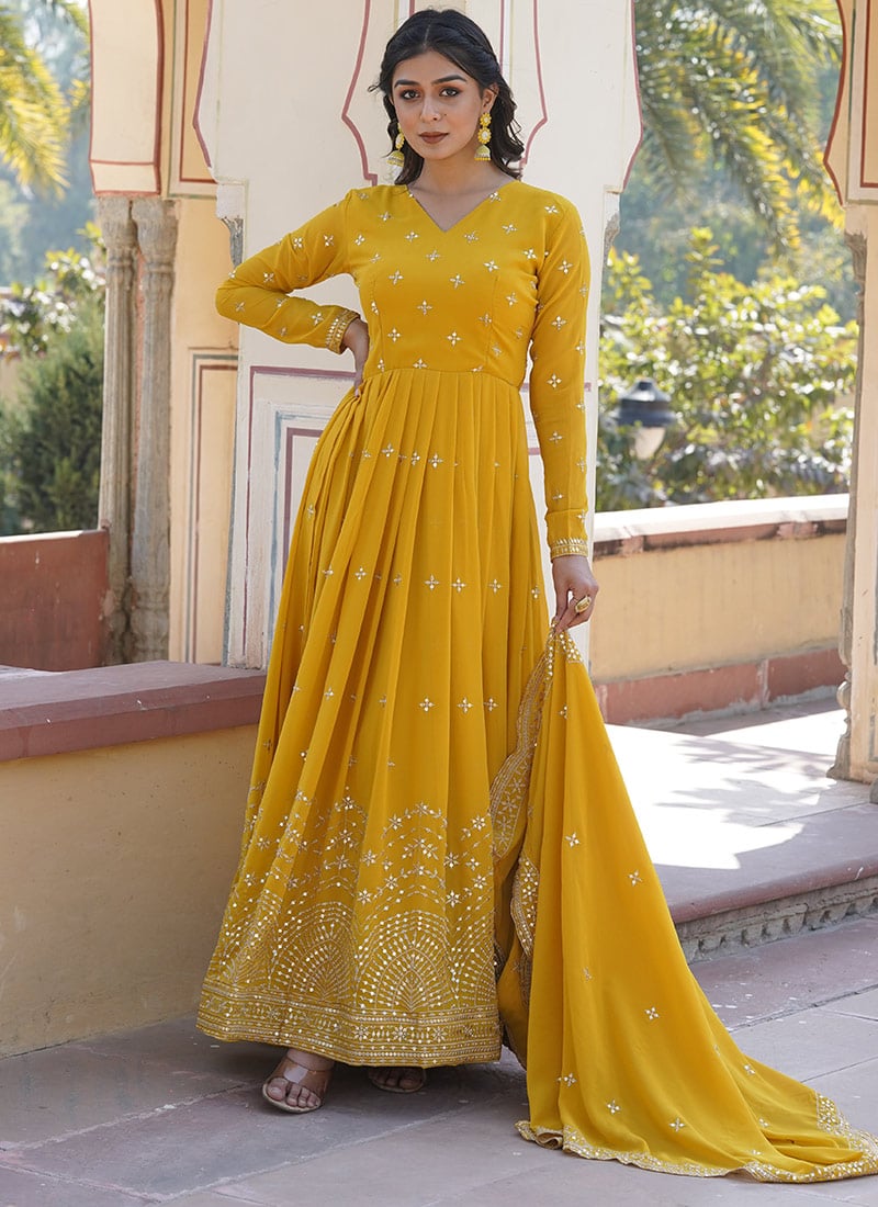 Yellow Faux Georgette Sequins Anarkali Gown Party Wear