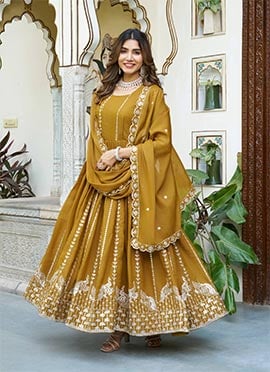 Yellow Faux Georgette Sequins Embroidered Anarkali Suit
