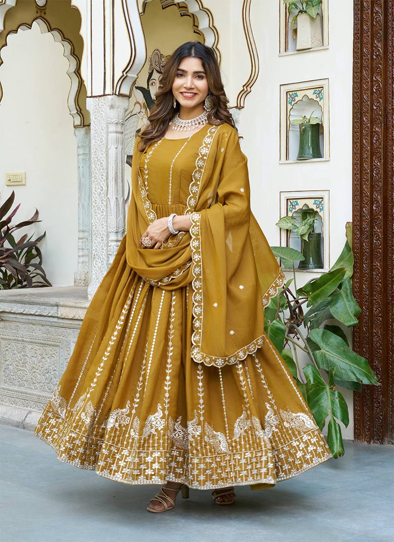 Yellow Faux Georgette Sequins Embroidered Anarkali Suit Festive Wear