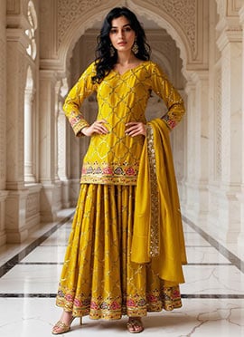 Yellow Faux Georgette Sequins Embroidered Palazzo Suit  Festive Wear