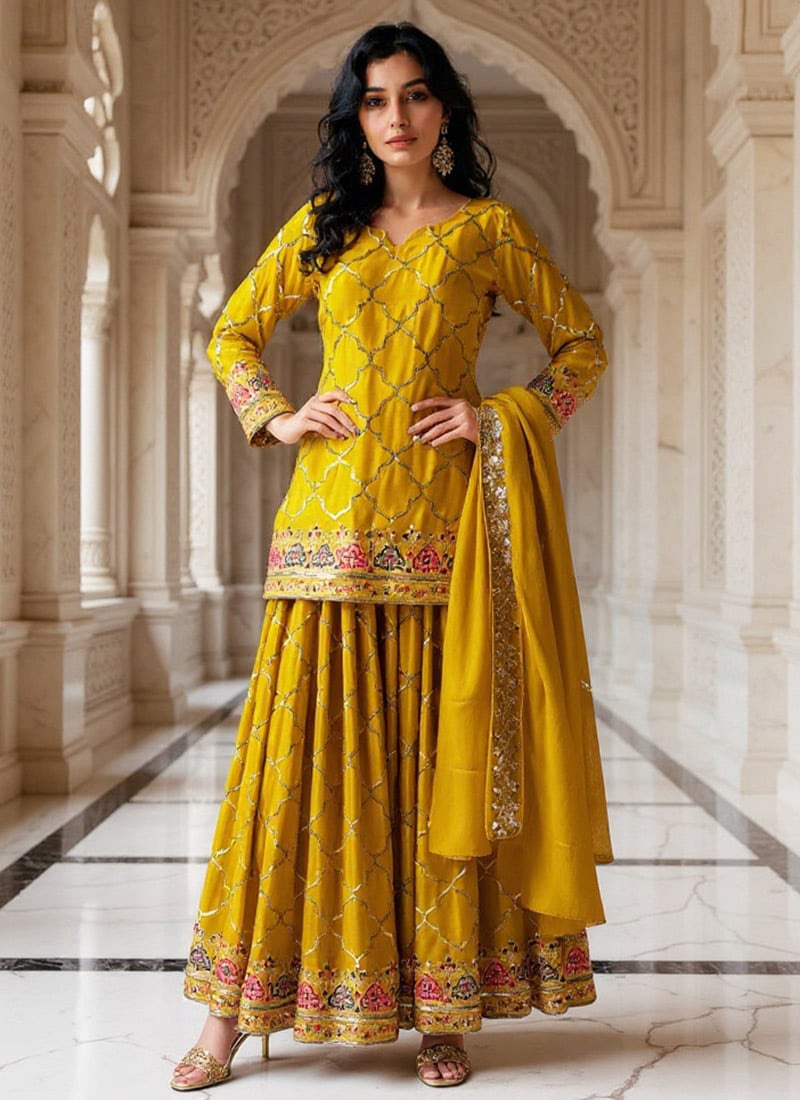 Yellow Faux Georgette Sequins Embroidered Palazzo Suit Festive Wear