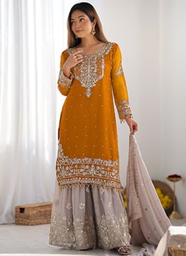 Yellow Faux Georgette Sequins Embroidered Palazzo Suit