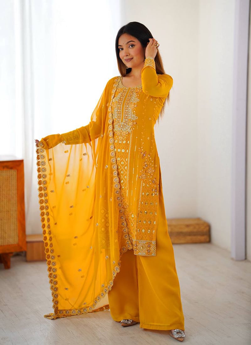 Yellow Faux Georgette Sequins Embroidered Thread Palazzo Suit Festive Wear