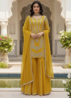 Yellow Faux Georgette Sequins Embroidered Thread Sharara Suit