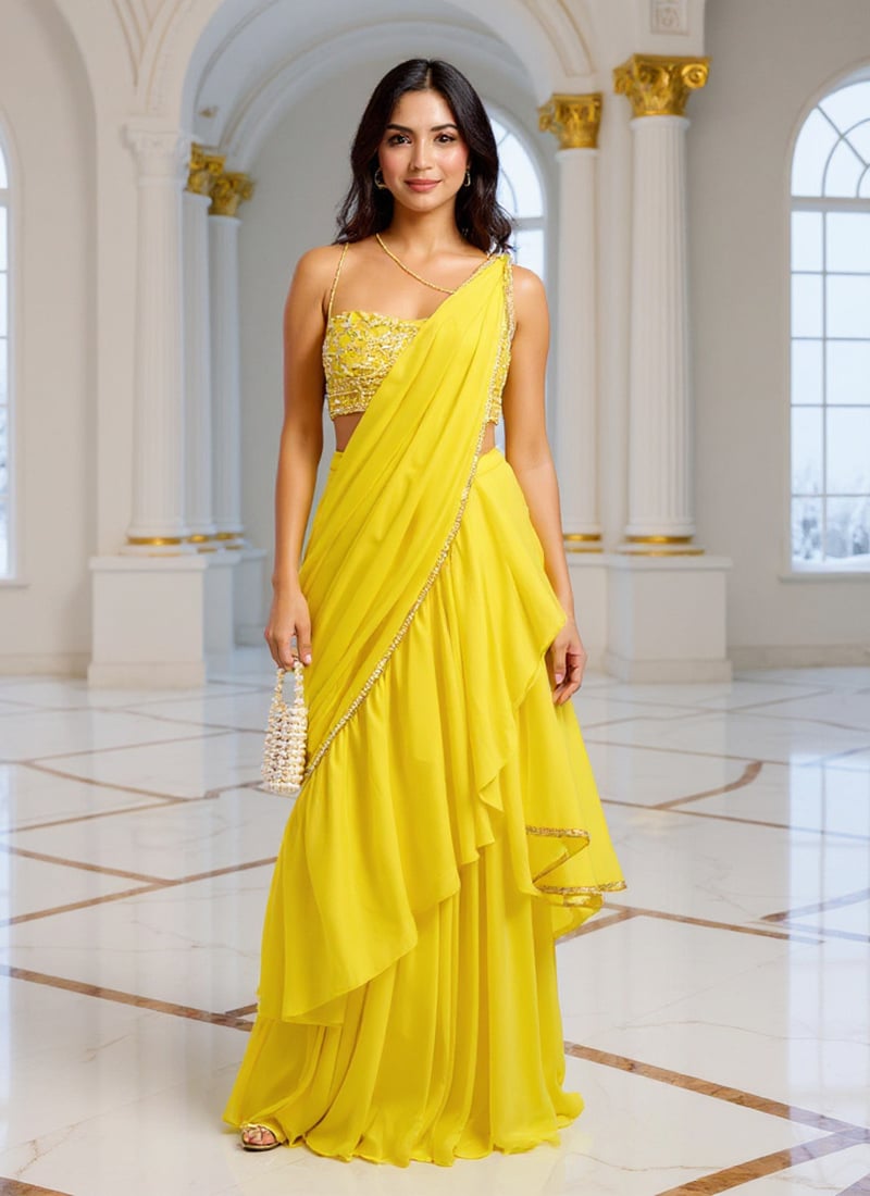 Yellow Faux Georgette Sequins Hand Embroidered Lehenga Saree Wedding Wear