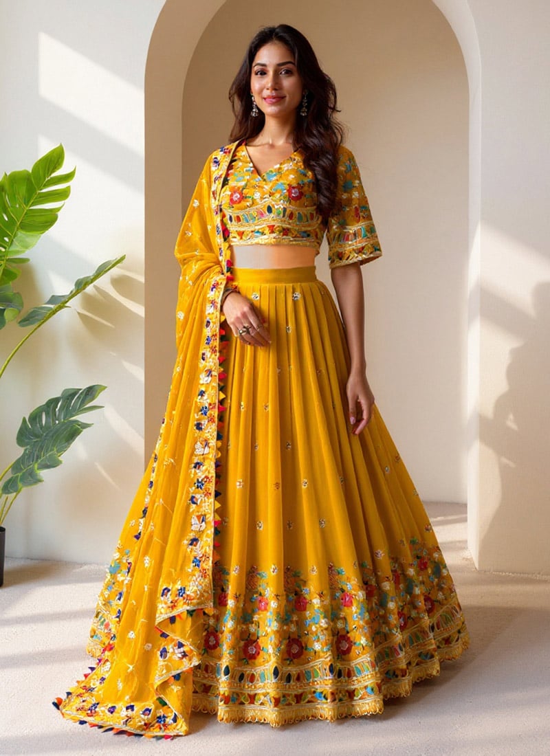 Yellow Faux Georgette Sequins Lehenga Wedding Wear