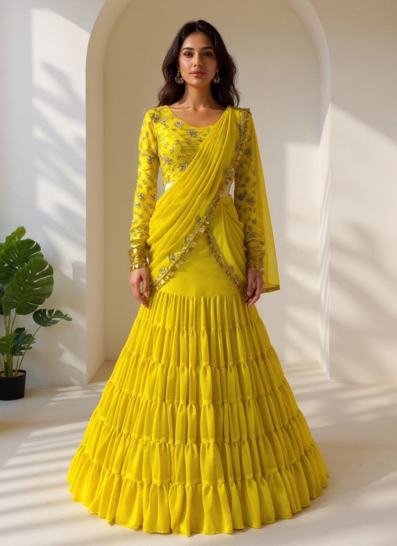 Yellow Faux Georgette Sequins Pre Draped Lehenga Saree Festive Wear