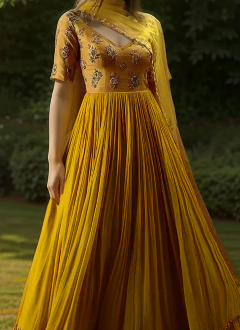 Stylish Yellow Ochre Faux Georgette Heavy Designer Wedding Wear Georgette Salwar Suit With Yellow Ochre Faux Georgette