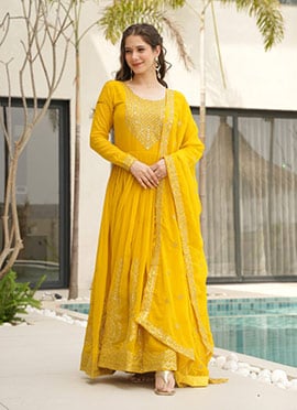 Yellow Faux Georgette Zari Embroidered Sequins Anarkali Suit Festive Wear