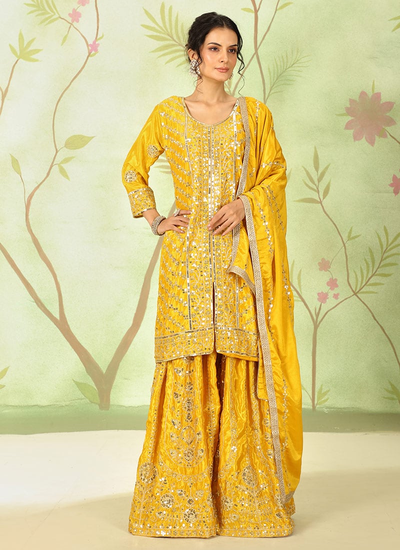 Yellow Faux Georgette Zari Embroidered Sequins High Slit Palazzo Suit