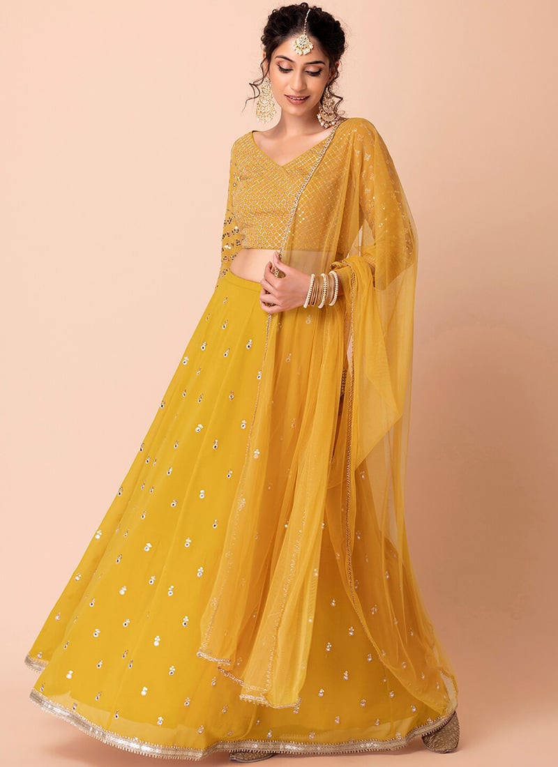 Yellow Faux Georgette Zari Embroidered Sequins Lehenga Wedding Wear