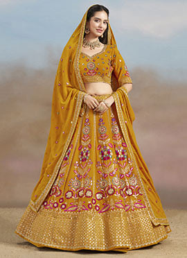 Yellow Faux Georgette Zari Embroidered Sequins Lehenga Wedding Wear