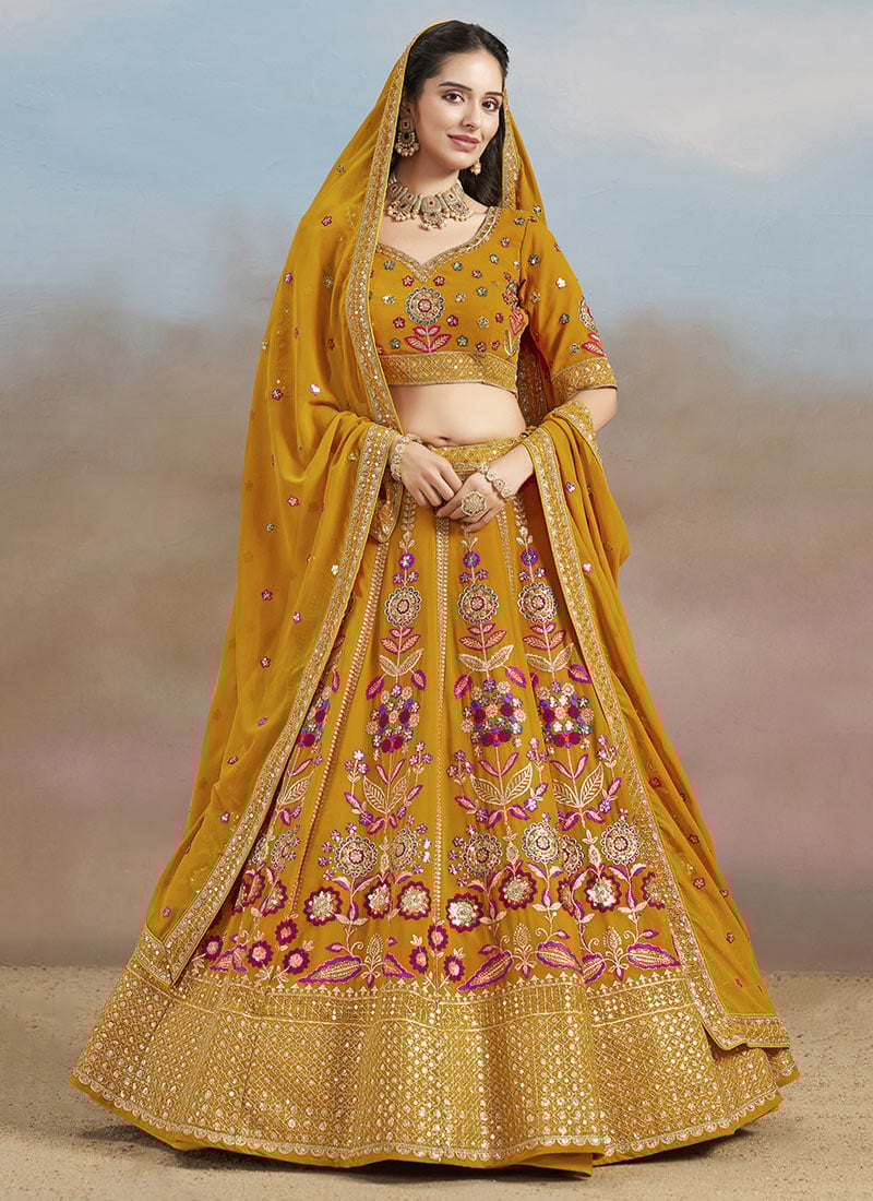 Yellow Faux Georgette Zari Embroidered Sequins Lehenga Wedding Wear