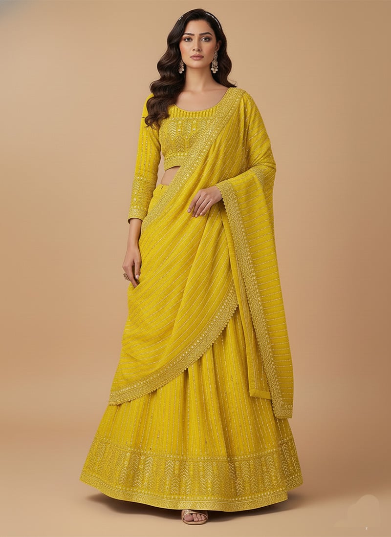 Yellow Faux Georgette Zari Embroidered Sequins Lehenga Festive Wear