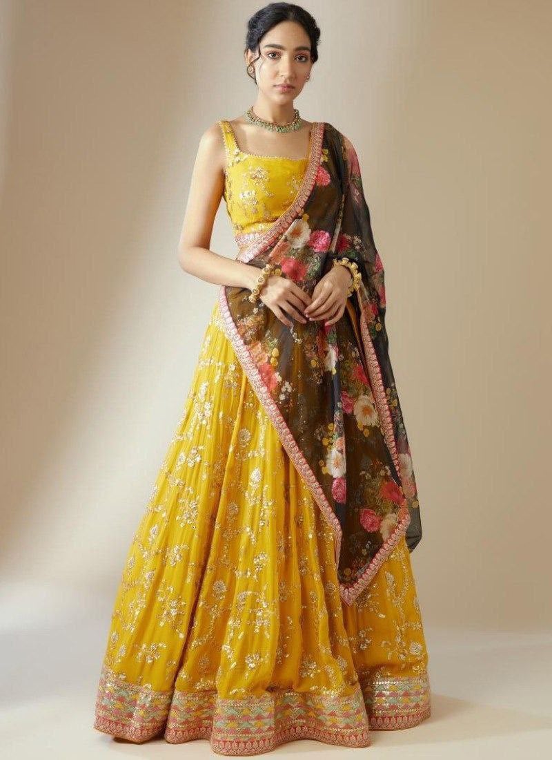 Yellow Faux Georgette Zari Embroidered Sequins Lehenga Wedding Wear