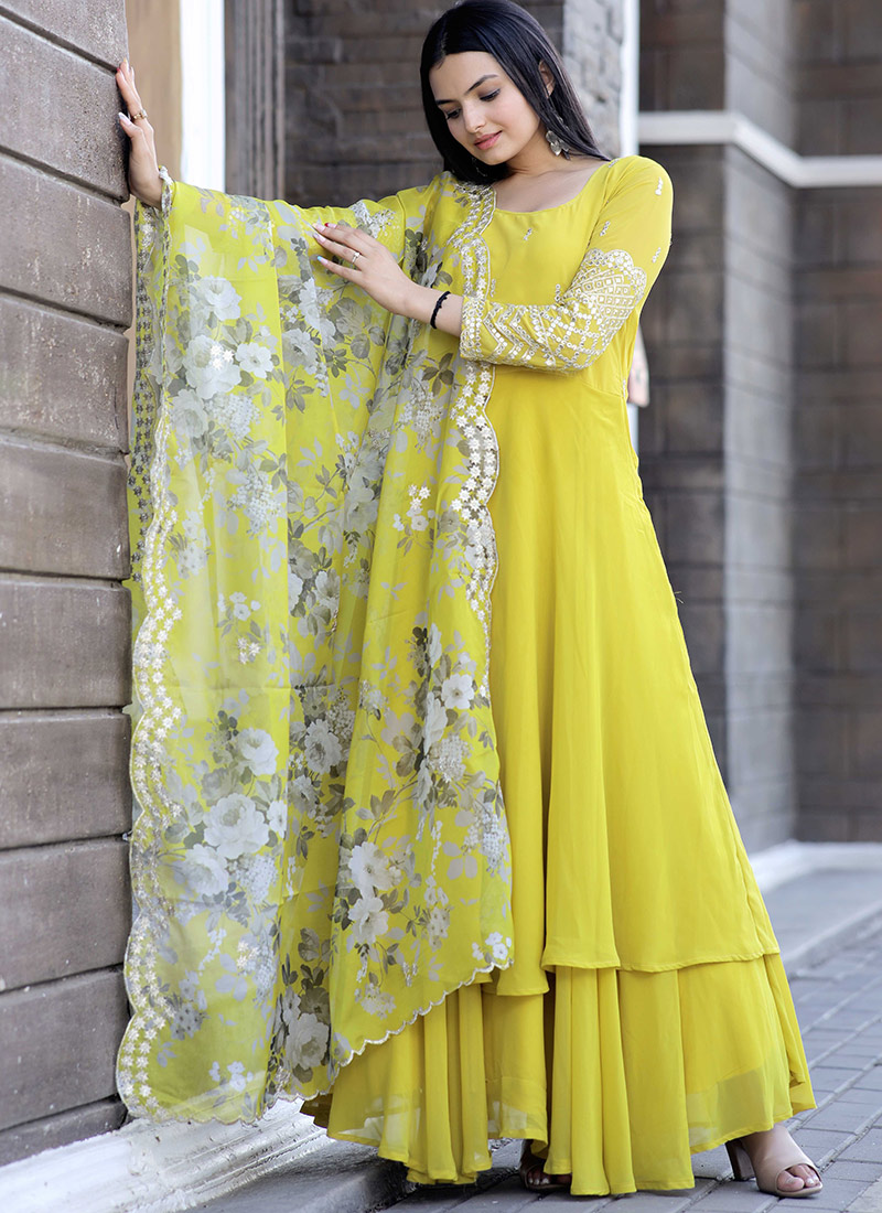 Yellow Faux Georgette Zari Embroidered Sequins Regal Anarkali Suit After Six Wear