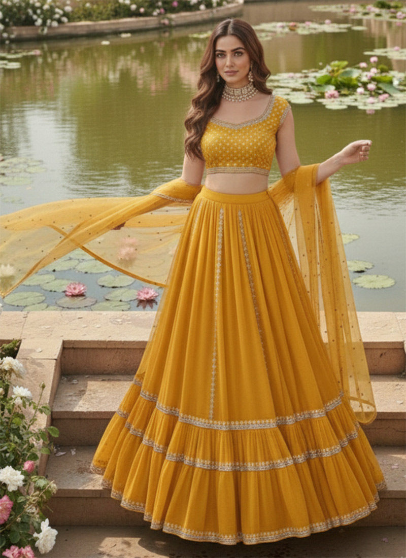 Yellow Faux Georgette Zari Hand Embroidered Sequins With Stone Work Lehenga Wedding Wear