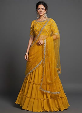 Yellow Faux Georgette Zari Sequins Foil Embroidered Lehenga Set