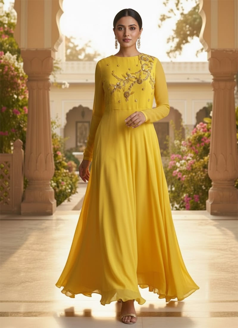Yellow Faux Georgette Zari Sequins Gown After Six Wear