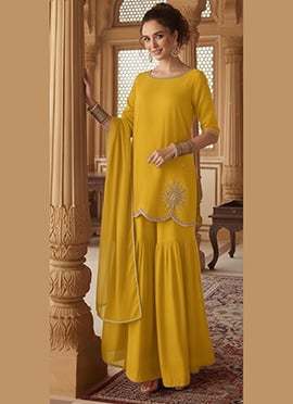 Yellow Faux Georgette Zari Sequins Sharara Suit