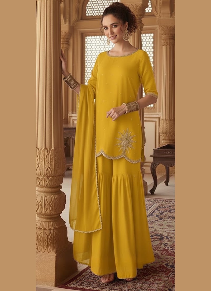 Yellow Faux Georgette Zari Sequins Sharara Suit Festive Wear