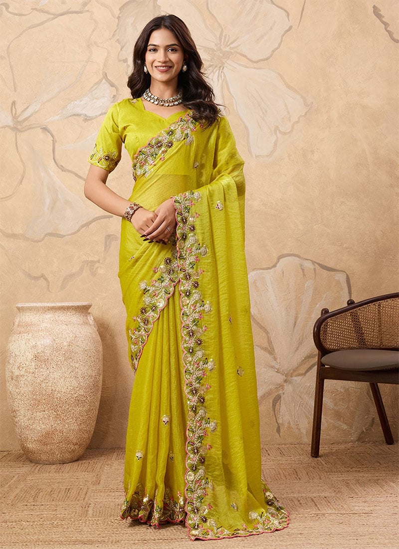 Yellow Fendy Chiffon Sequins Embroidered Saree