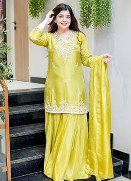 Yellow Fendy Silk Sequins Embroidered Thread Palazzo Suit