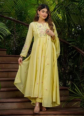 Yellow Floral Embroidered Chanderi Silk Anarkali Suit