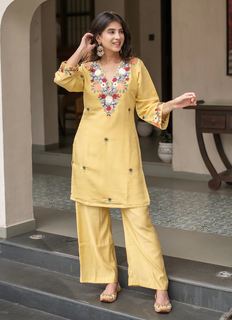 Yellow French Crepe Embroidered Kurta Straight Pant Set After Six Wear