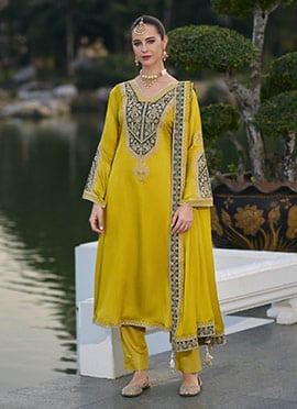 Yellow Gajji Silk Embroidered Salwar Suit