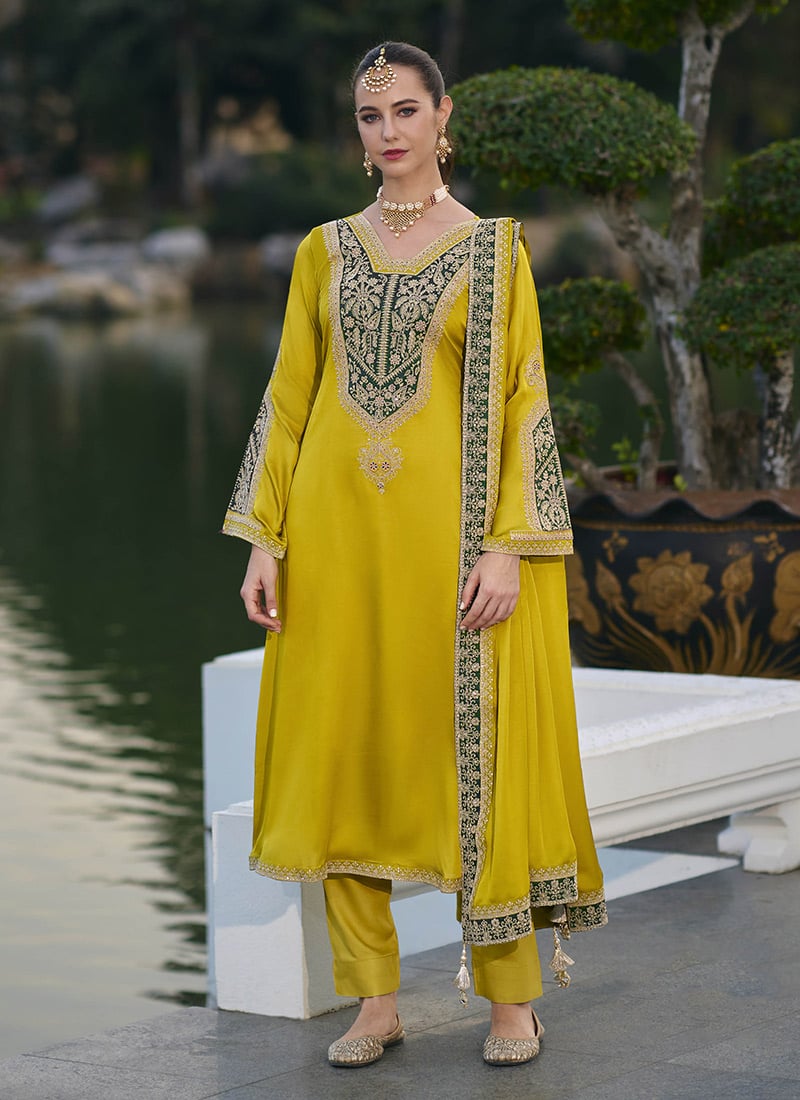 Yellow Gajji Silk Embroidered Salwar Suit Festive Wear