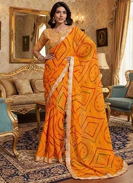 Yellow Georgette Bandhini Cut Work Saree