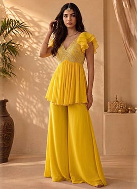Yellow Georgette Beads Cutdana Hand Embroidery Peplum Kurta Palazzo Set