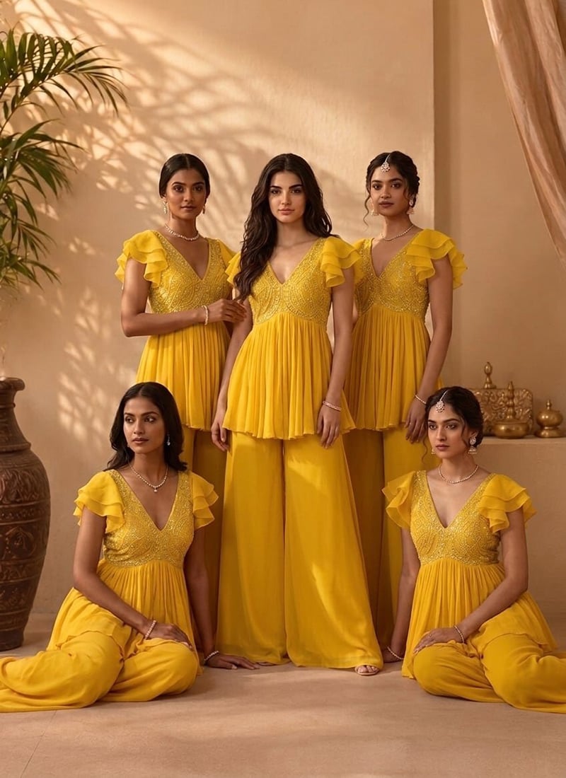 Yellow Georgette Beads Cutdana Hand Embroidery Peplum Kurta Palazzo Set After Six Wear