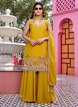 Yellow Georgette Beads Embroidered Sequins Thread Palazzo Suit