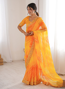 Yellow Georgette Chiffon Leheriya Foil Printed Saree