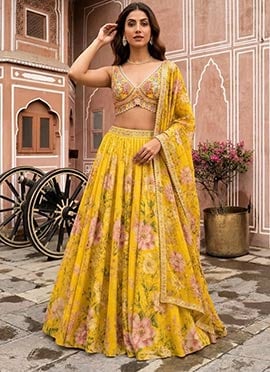 Yellow Georgette Cutdana Resham And Beads Hand Embroidered Digital Print Lehenga