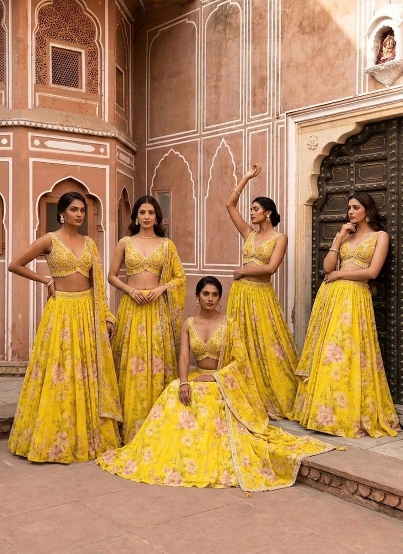 Yellow Georgette Cutdana Resham And Beads Hand Embroidered Digital Print Lehenga Wedding Wear