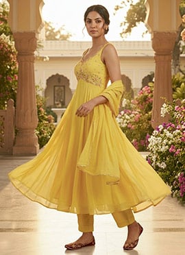 Yellow Georgette Cutdana Sequins Hand Embroidered Anarkali Suit