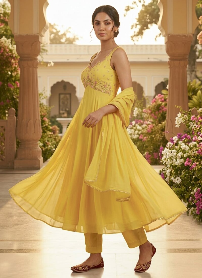 Yellow Georgette Cutdana Sequins Hand Embroidered Anarkali Suit Festive Wear