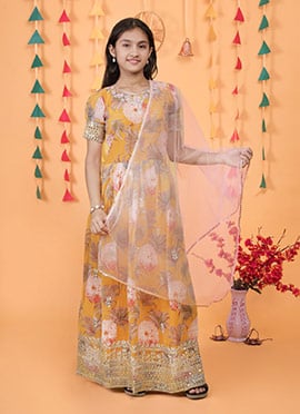 Yellow Georgette Digital Print Embroidered Sequins Kids Girls Anarkali Suit