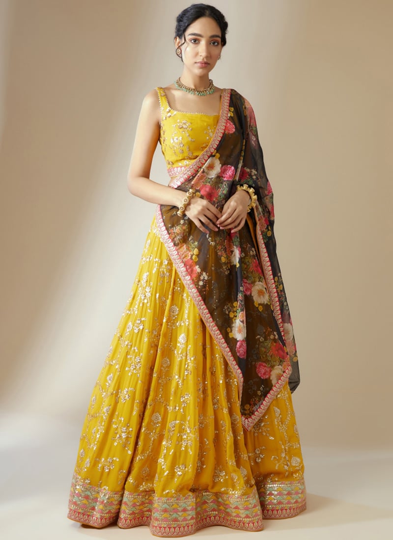 Yellow Georgette Digital Print Zari Embroidered Sequins Lehenga Wedding Wear