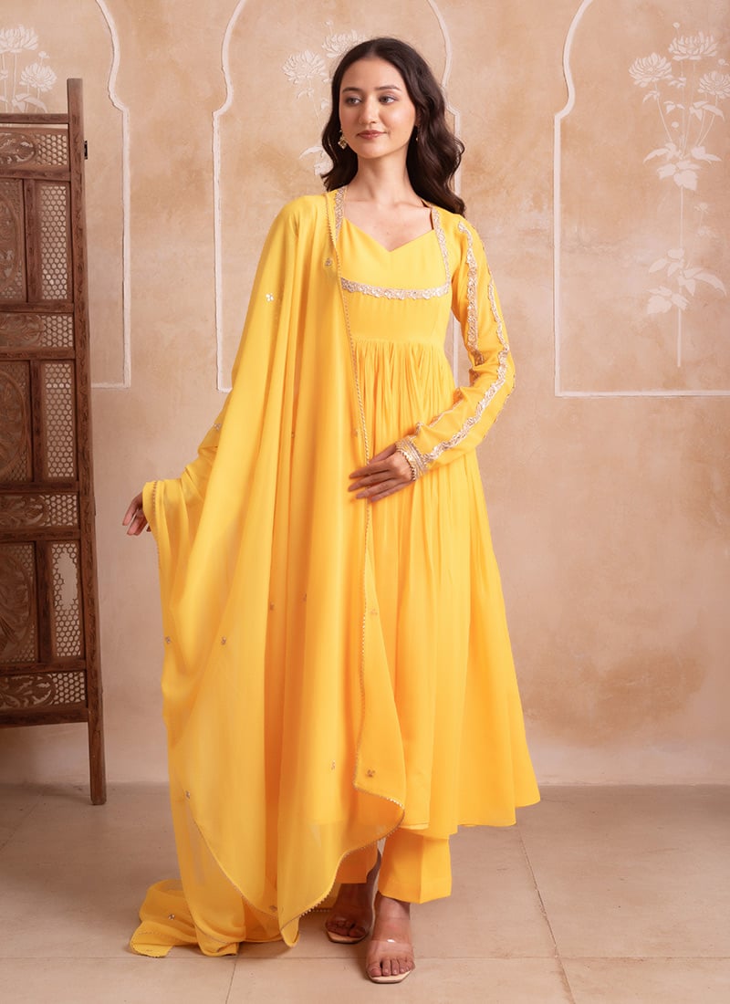 Yellow Georgette Embroidered Anarkali Suit After Six Wear