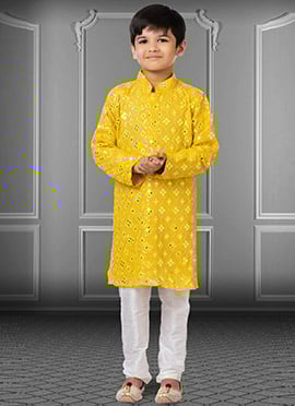 Yellow Georgette Embroidered Boys Kurta Pyjama