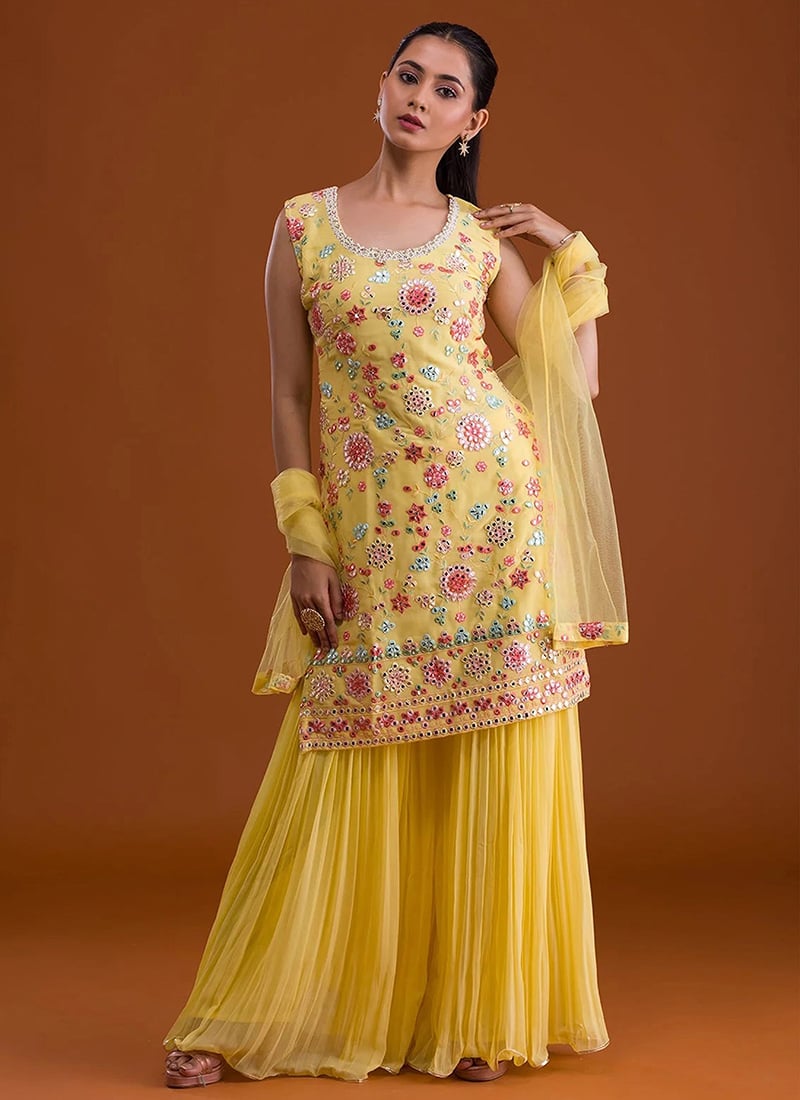 Yellow Georgette Embroidered Palazzo Suit Festive Wear