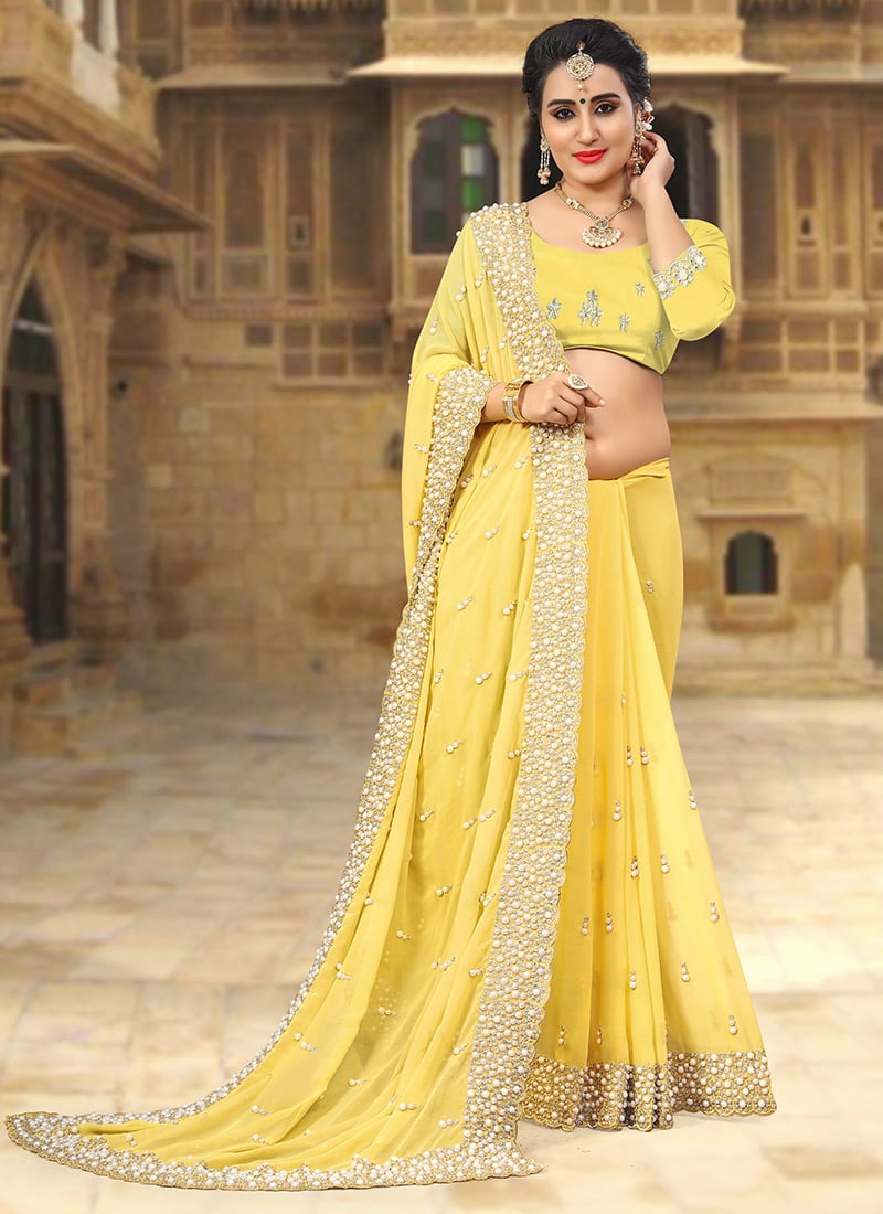 Yellow Georgette Embroidered Saree Party Wear